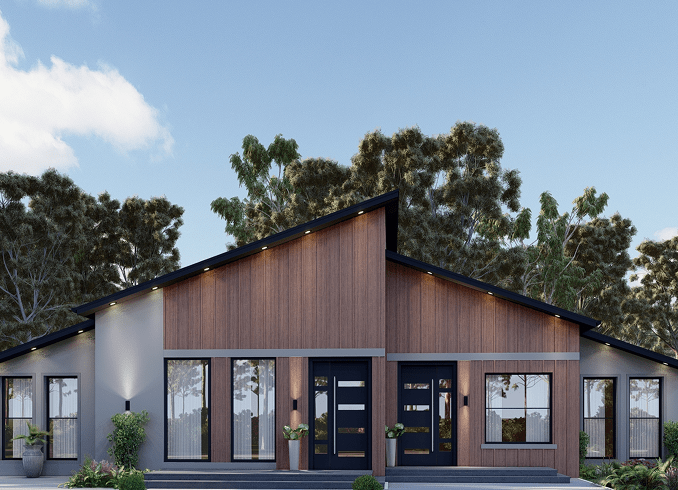 A duplex style tiny home from Mighty Small Homes with dark wood paneling, modern lighting, and on a background of blue sky and tall trees