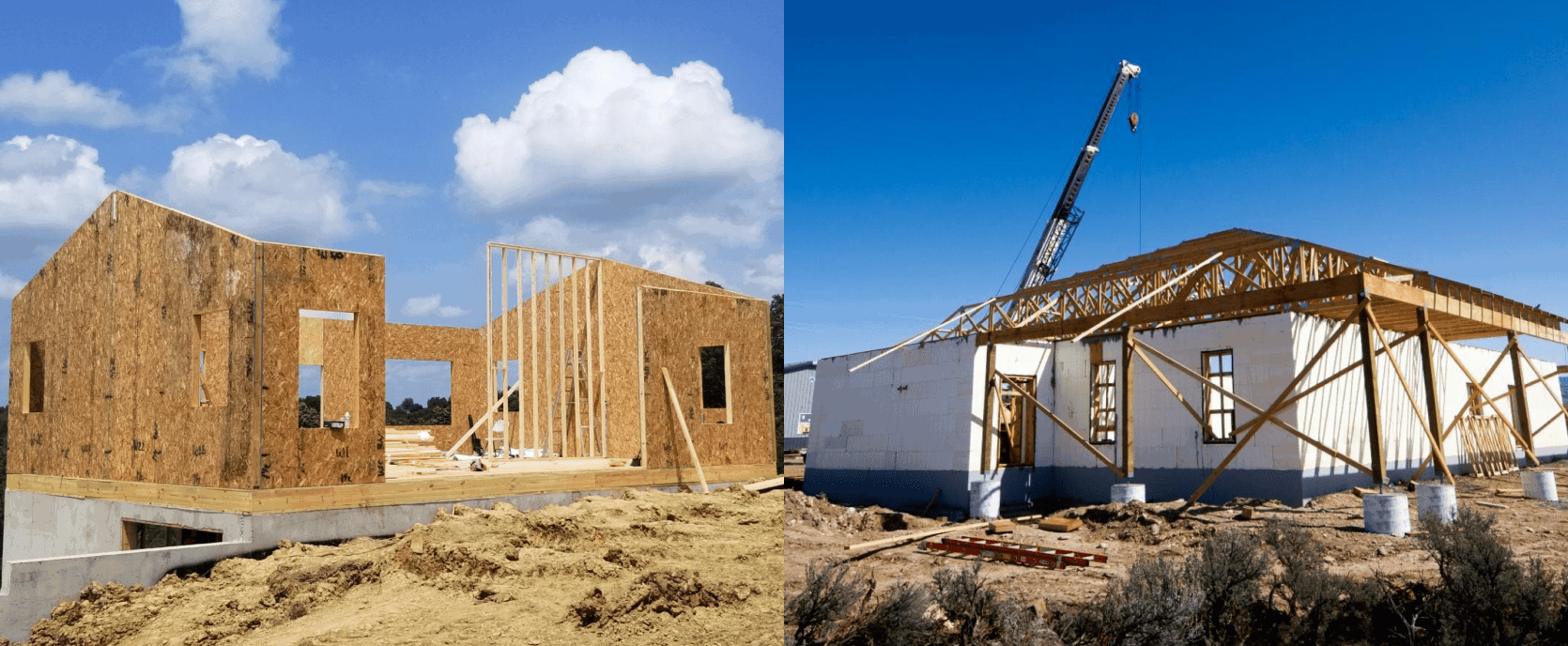 Home built with structural insulated panels on the left and home built using icf on the right