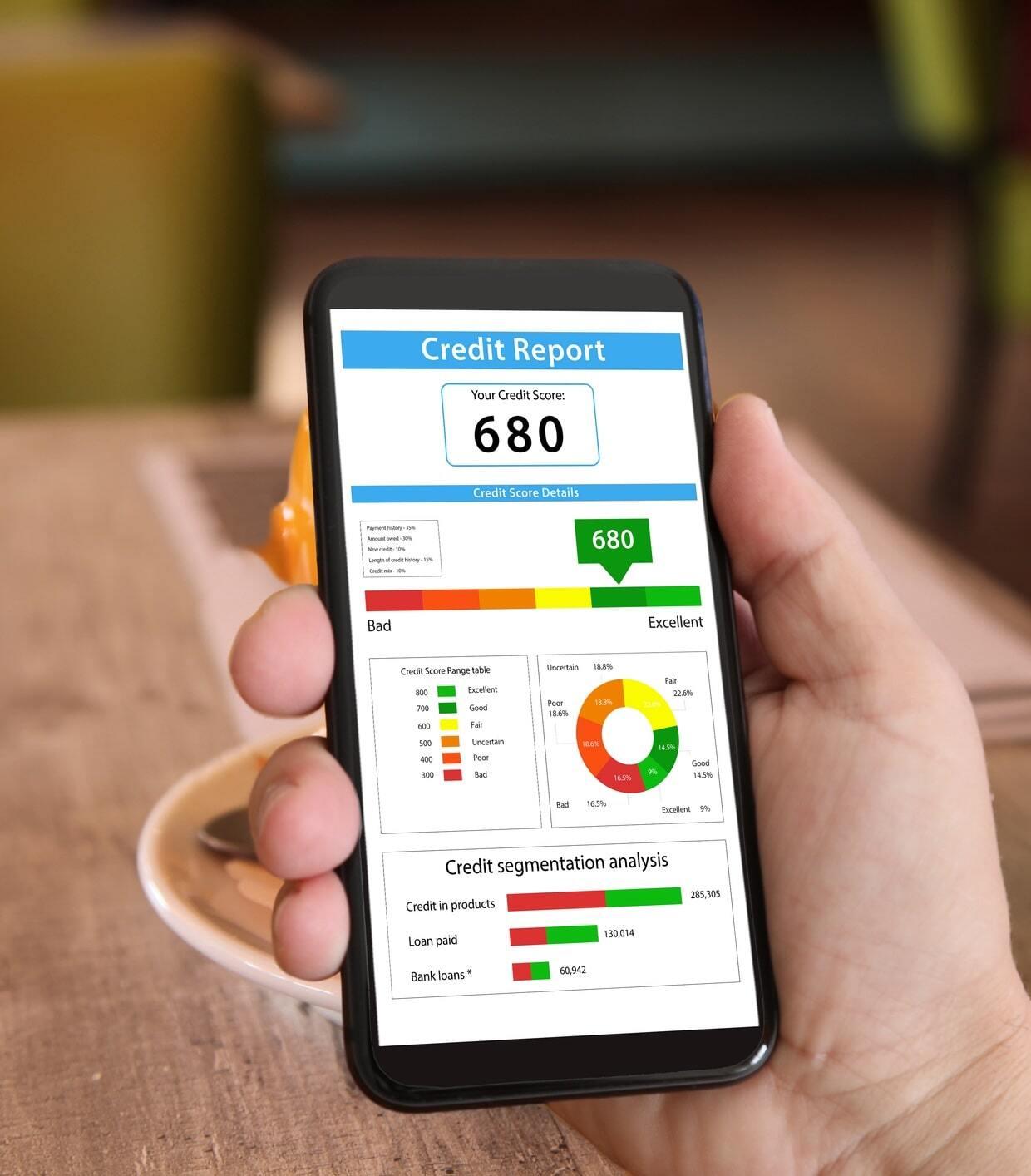 Hand holding smartphone displaying credit score