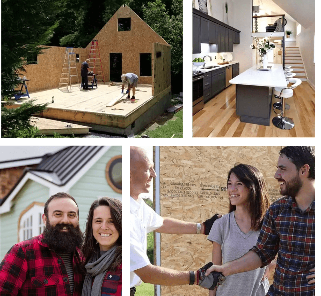 A collage showing the process of building a DIY kit home, from construction and contractor handshake to the finished interior and happy homeowners.