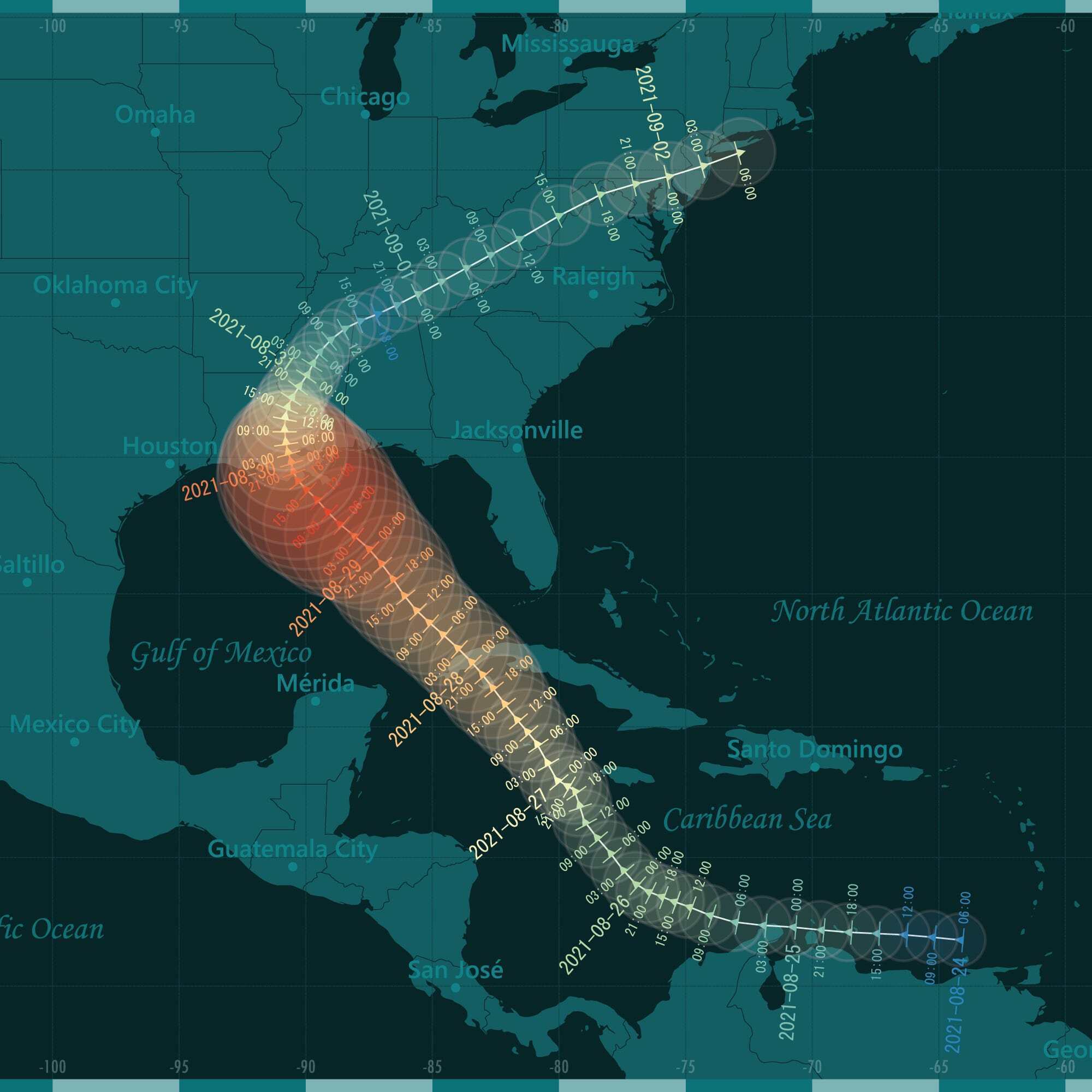 map showing the path of Hurricane Ida in 2021 from ocean formation to landfall
