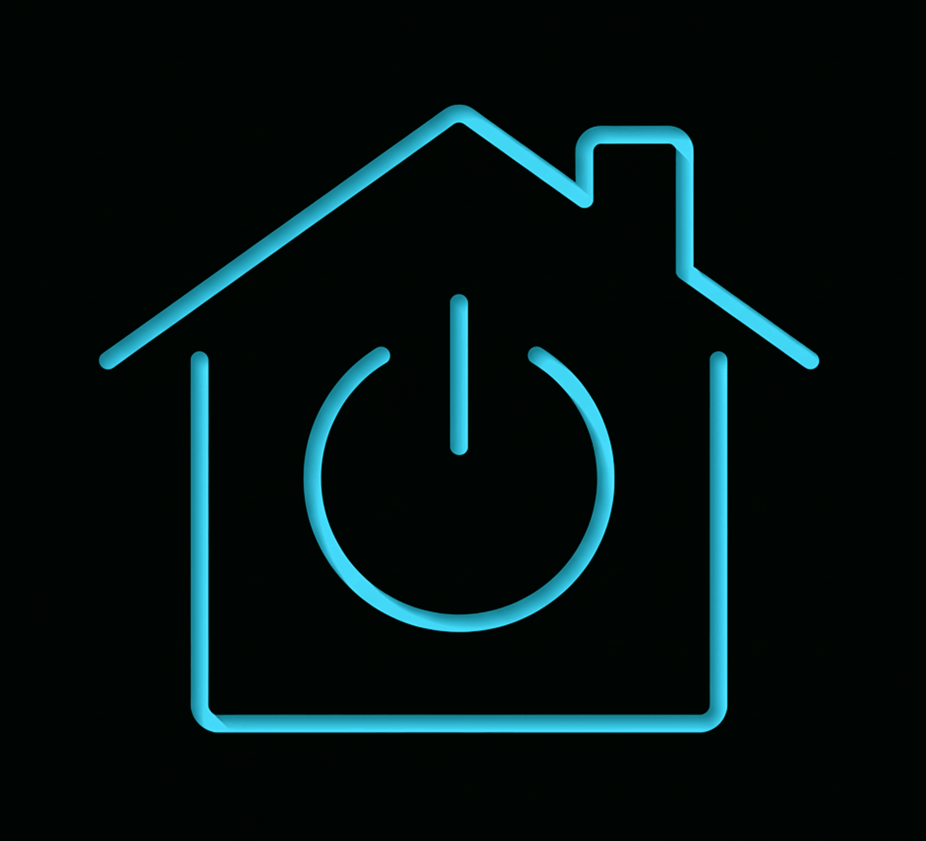 illustration of a house silhouette with a power‑button cutout symbolizing centralized smart home control and the role of connected systems in small and prefab homes