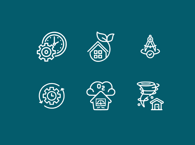 icons representing sips benefits Energy Efficiency Strength and Durability Faster Construction Lower Labor Costs Sustainable and Eco-Friendly